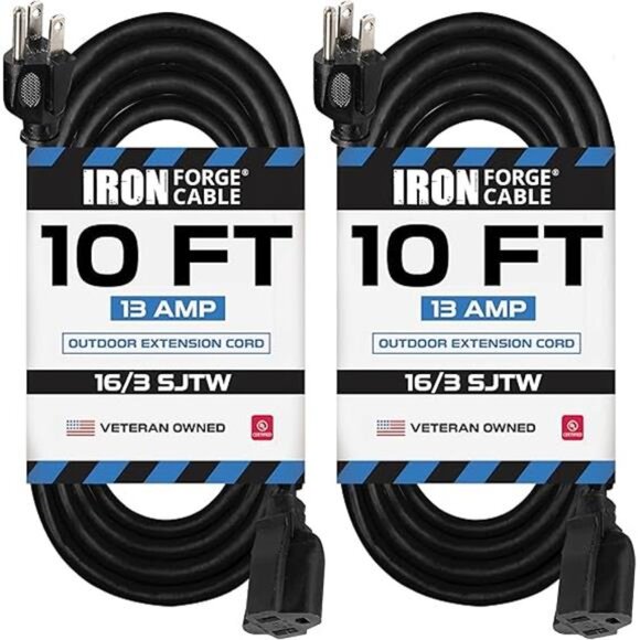 2 Pack Outdoor Extension Cord 10 ft, 16/3 SJTW Heavy Duty Black Extension Cord - Picture 7 of 7